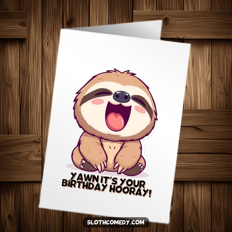 Funny Free Printable Birthday Card: A sloth yawning widely, revealing a bright pink mouth and sleepy eyes.