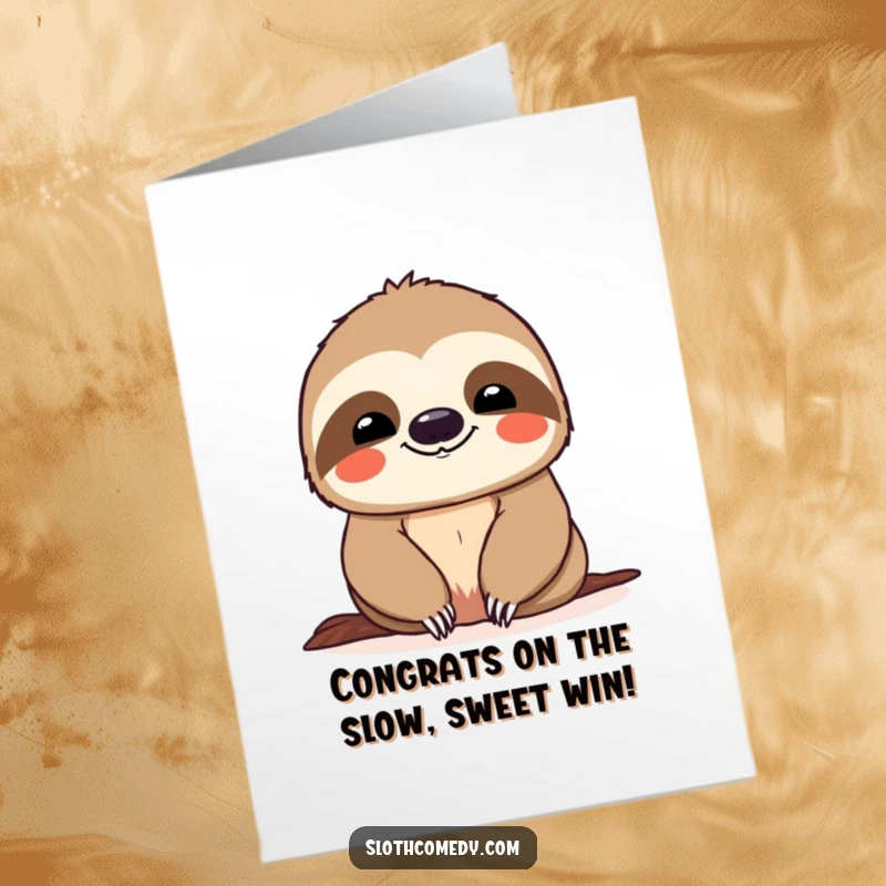 Funny Free Printable Congratulations Card showing a smiling sloth enjoying a slow descent, a humorous and cheerful downloadable gift.