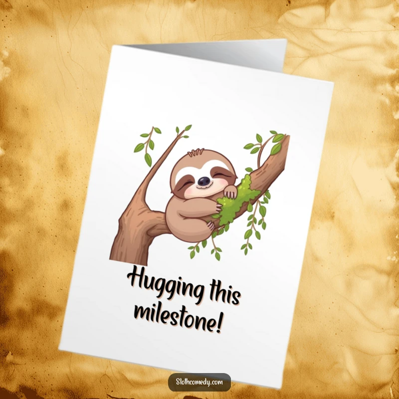 Funny Free Printable Congratulations Card: A sloth hugs a mossy branch in pure contentment, celebrating success with cozy vibes.