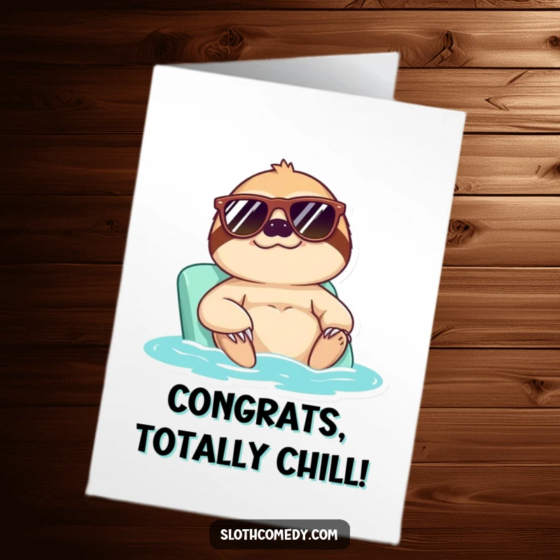 Funny Free Printable Congrats Card featuring a sunglasses-clad sloth enjoying a leisurely, relaxed sunbath.