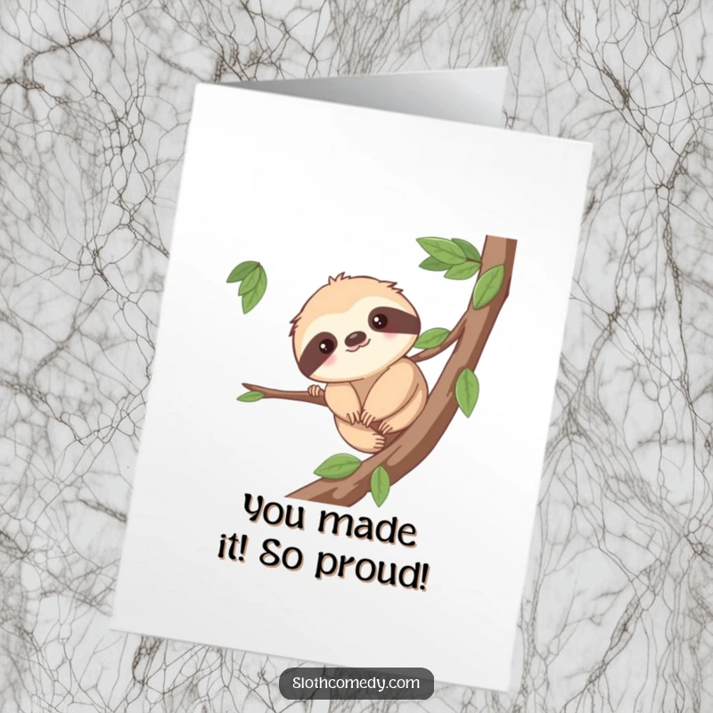 Funny Free Printable Congratulations Card: Adorable sloth smiling gently, slowly inching along a branch, showcasing effort and accomplishment.