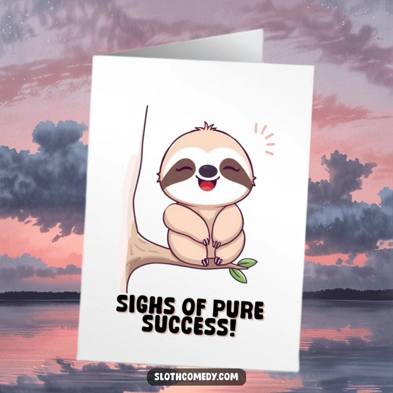 Funny Free Printable Congrats Card featuring a blissfully happy sloth sighing gently as it sways.
