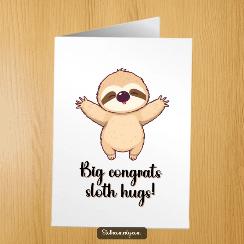 Funny Free Printable Congratulations Card with a sloth offering an outstretched, relaxed hug, a humorous and welcoming downloadable gift.