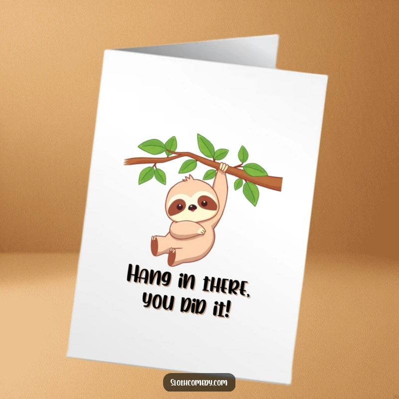 Funny Free Printable Congratulations Card: A serene kawaii sloth hanging from a branch, celebrating achievements with peaceful joy.