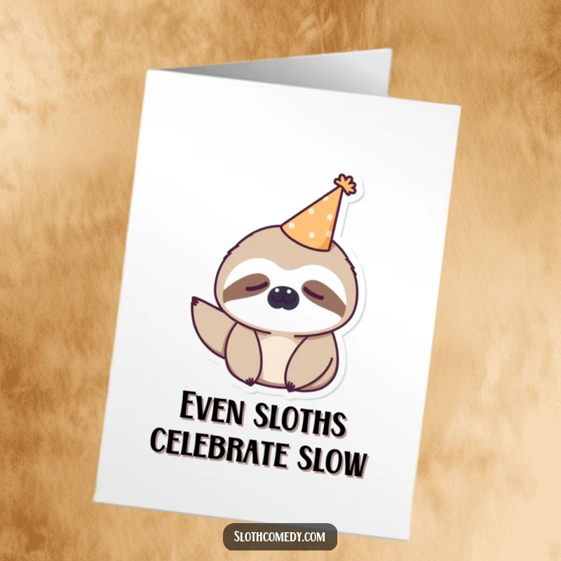 Funny Free Printable Congratulations Card: Sleepy Kawaii Sloth wearing a party hat, giving a half-hearted wave, ideal for gentle congratulations.