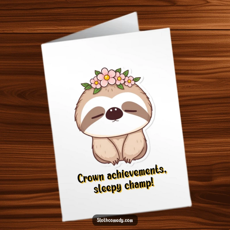 Funny Free Printable Congratulations Card: A sloth in a flower crown gives a sleepy blink, perfect for low-key congratulations.