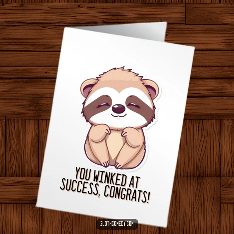 Funny Free Printable Congratulations Card: A kawaii sloth gives a sleepy, knowing wink, celebrating success playfully.