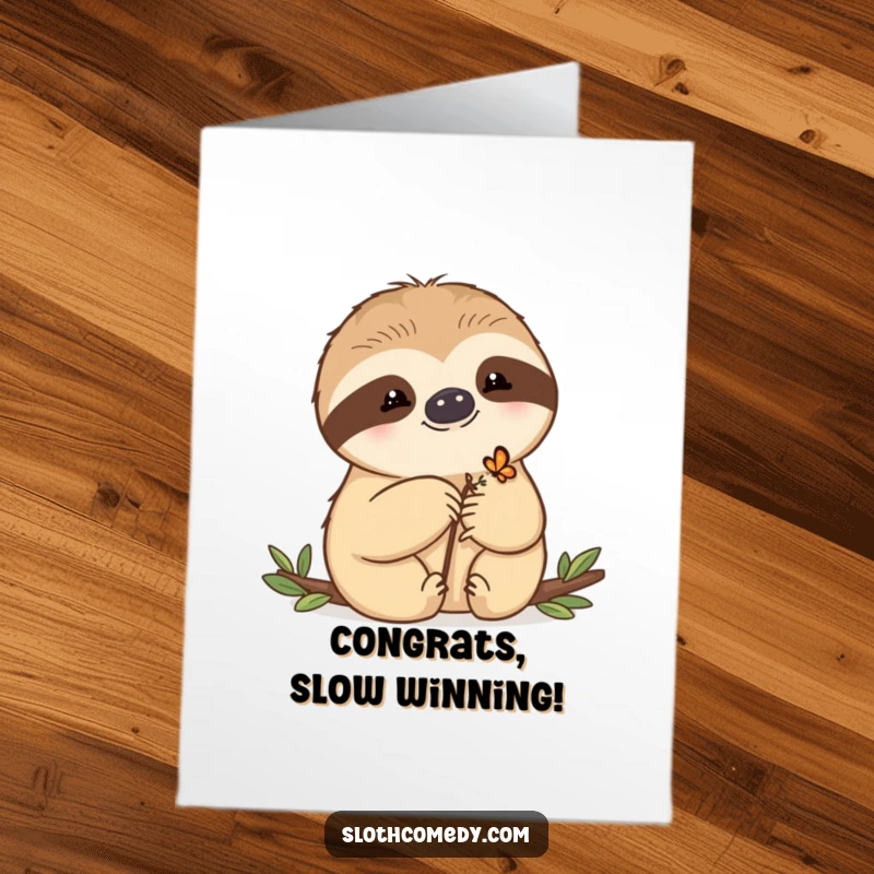 Funny Free Printable Congratulations Card with a kawaii sloth gently holding a butterfly, perfect for peaceful congratulations.