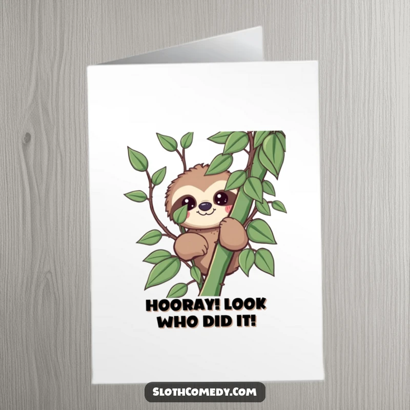 Funny Free Printable Congratulations Card: Kawaii sloth peeking from behind a vine, full of playful curiosity.