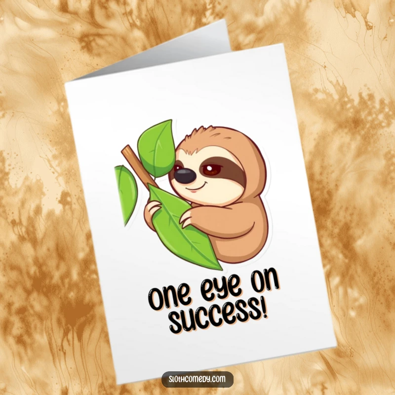 Funny Free Printable Congratulations Card: A sloth with one eye open slowly reaches for a leaf, signifying achieved goals through effort.