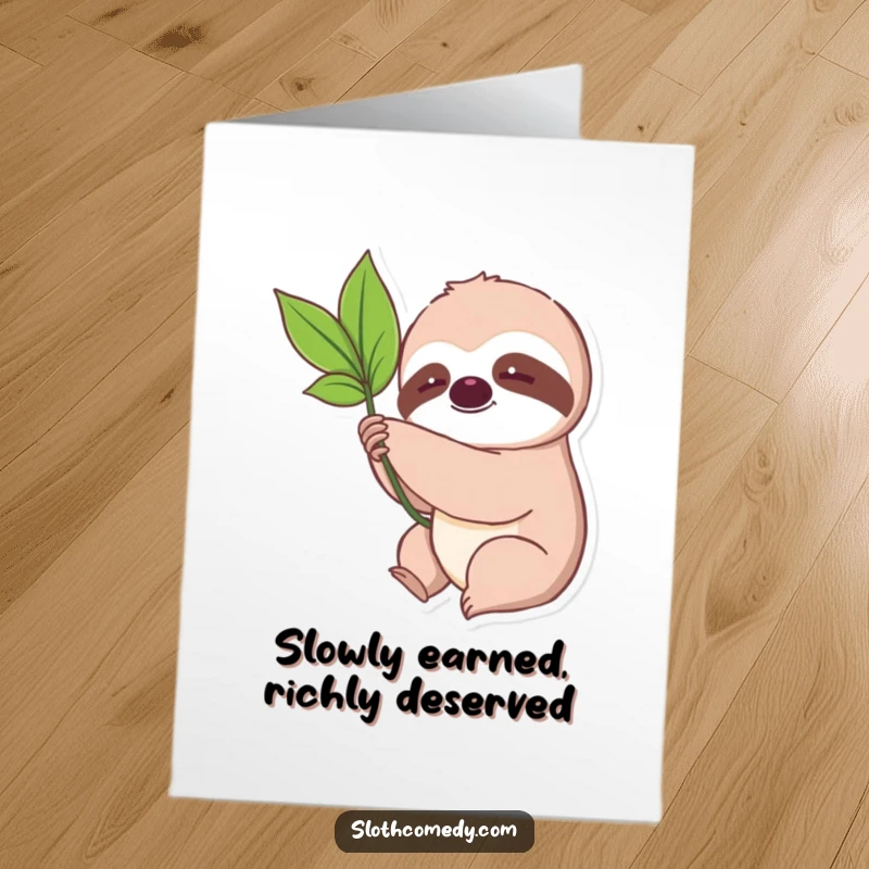 Funny Free Printable Congratulations Card: A kawaii sloth slowly reaches for a tasty leaf, symbolizing patient achievement.