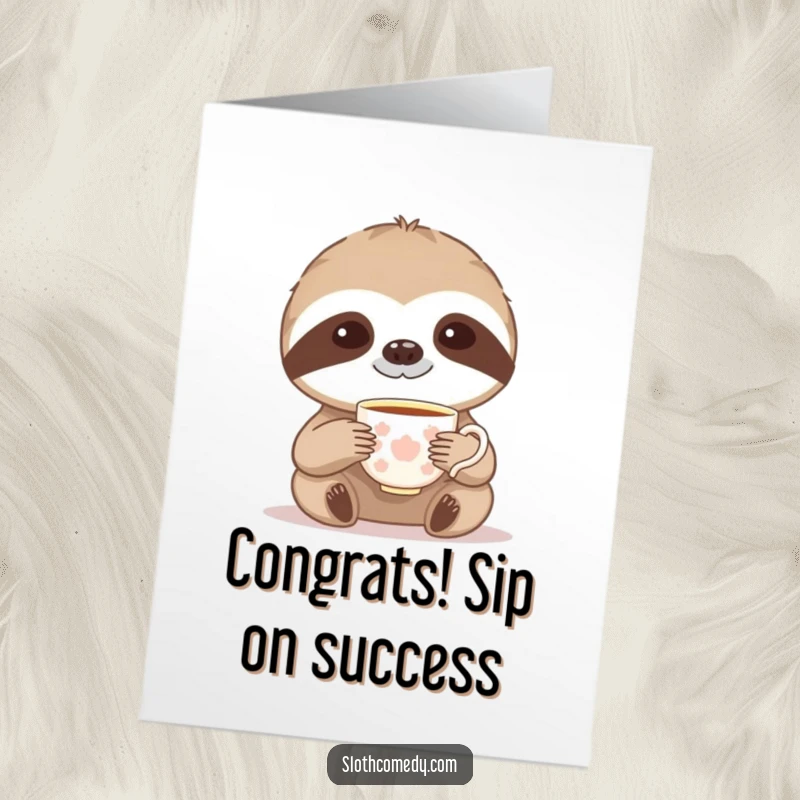 Funny Free Printable Teacup Sloth Congratulations Card: Sloth holds a tiny teacup, offering refined, humorous congratulations.
