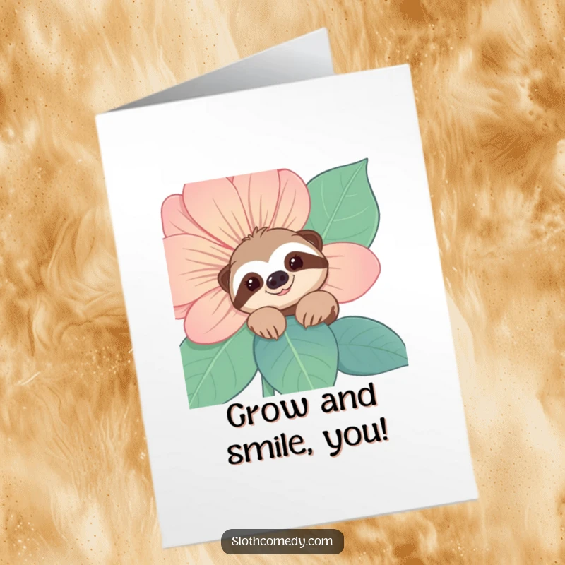 Funny free printable congratulations card with a smiling sloth peeking from behind a flower, celebrating achievements.