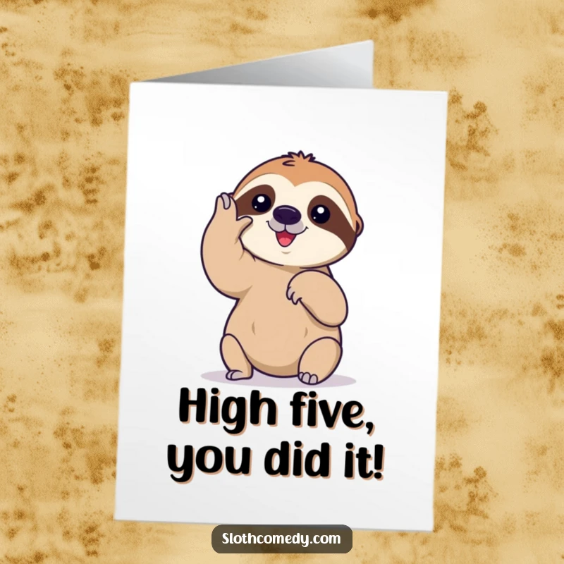Funny Free Printable Congrats Card features a sloth making a very slow, but enthusiastic, high-five attempt.