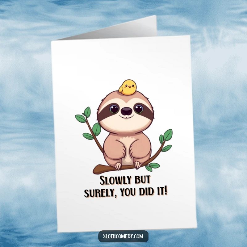 Funny Free Printable Congratulations Card: A content sloth with a tiny, cheerful bird napping on its head, symbolizing peaceful achievement.