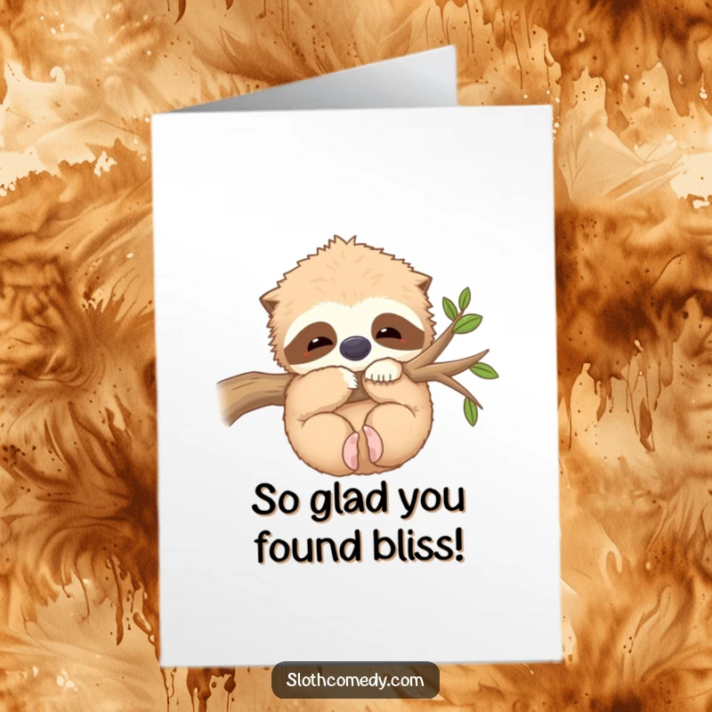 Funny free printable congratulations card: a kawaii sloth hugging a fuzzy branch with a look of pure contentment.
