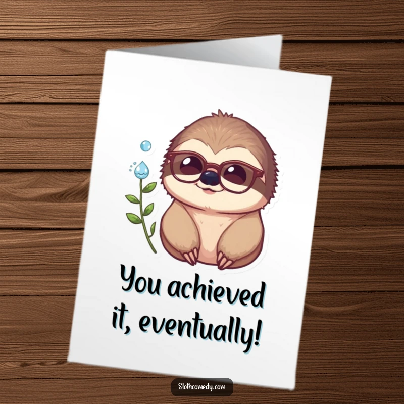 Funny free printable congratulations card: a sloth wearing glasses stares intently at a dewdrop, a symbol of thoughtful success.