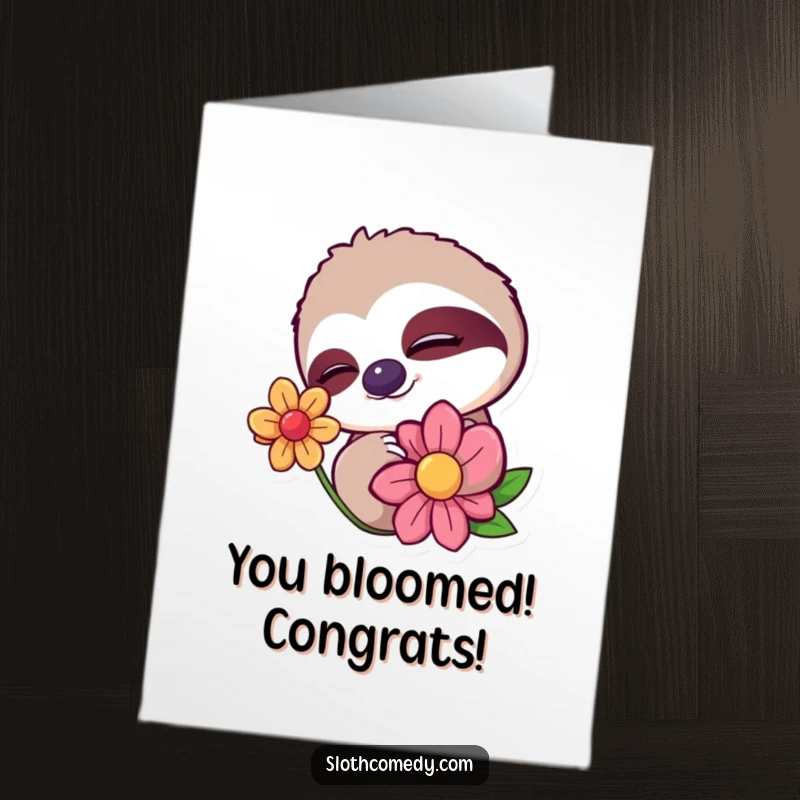 Funny Free Printable Congratulations Card: Sloth with a sleepy wink, slowly blinking at a beautiful flower, representing gentle approval.