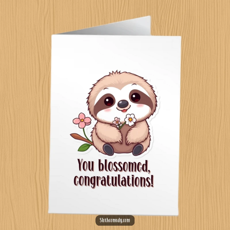 Funny Free Printable Congratulations Card: A kawaii sloth adorned with a small flower in its fur celebrates blossoming success.