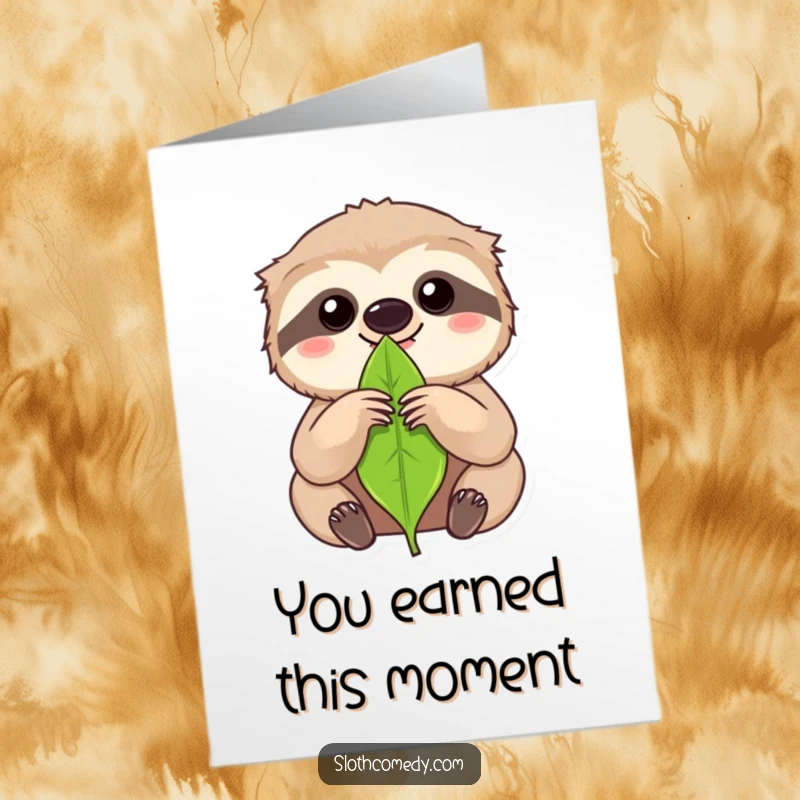Funny Free Printable Congratulations Card: Kawaii sloth with laser focus on a single leaf, a symbol of dedicated achievement, downloadable art.