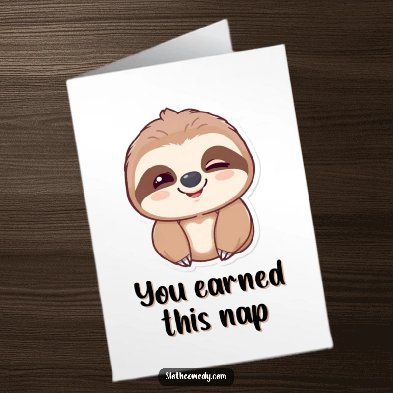 Funny Free Printable Congratulations Card: A sloth slowly blinks with a happy smile, celebrating achievements at their own pace.