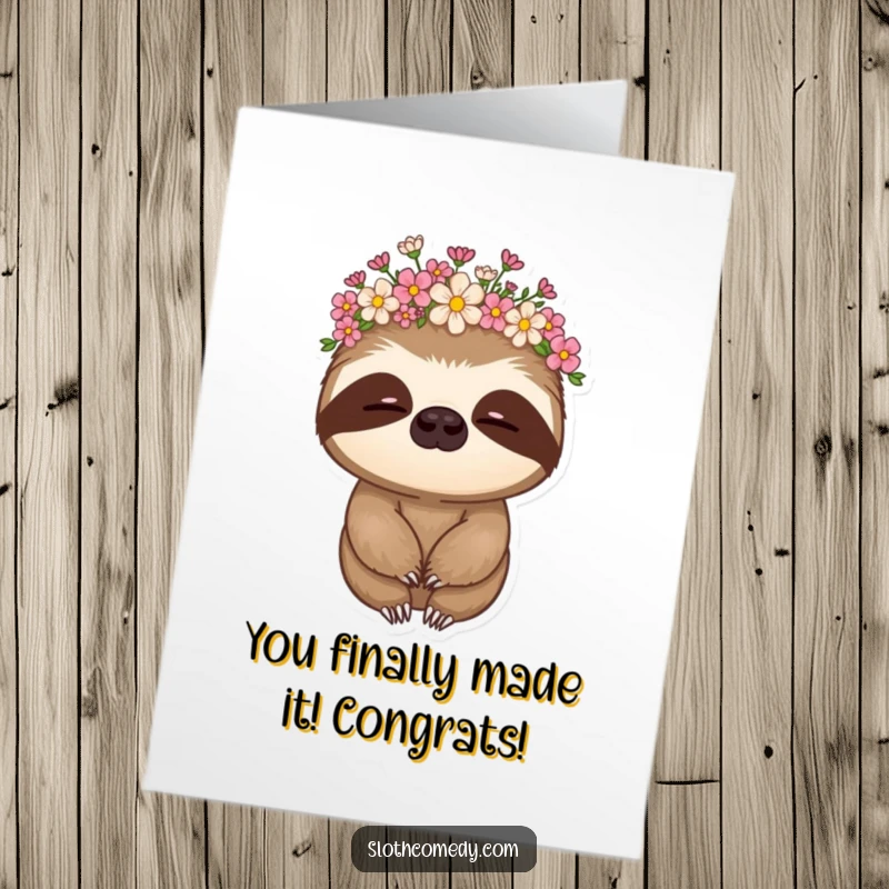 Funny Free Printable Congratulations Card: A charming sloth adorned with a flower crown, acknowledging success with gentle nodding.