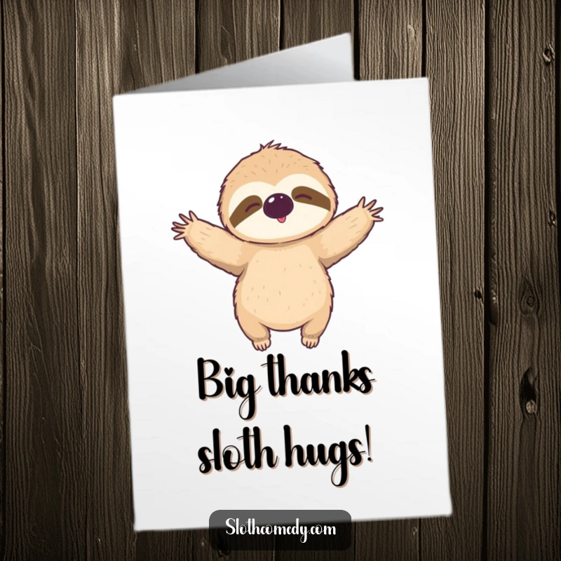 Funny Free Printable Thank You Card featuring a sloth with arms outstretched in a relaxed hug, a humorous downloadable gift of thanks.