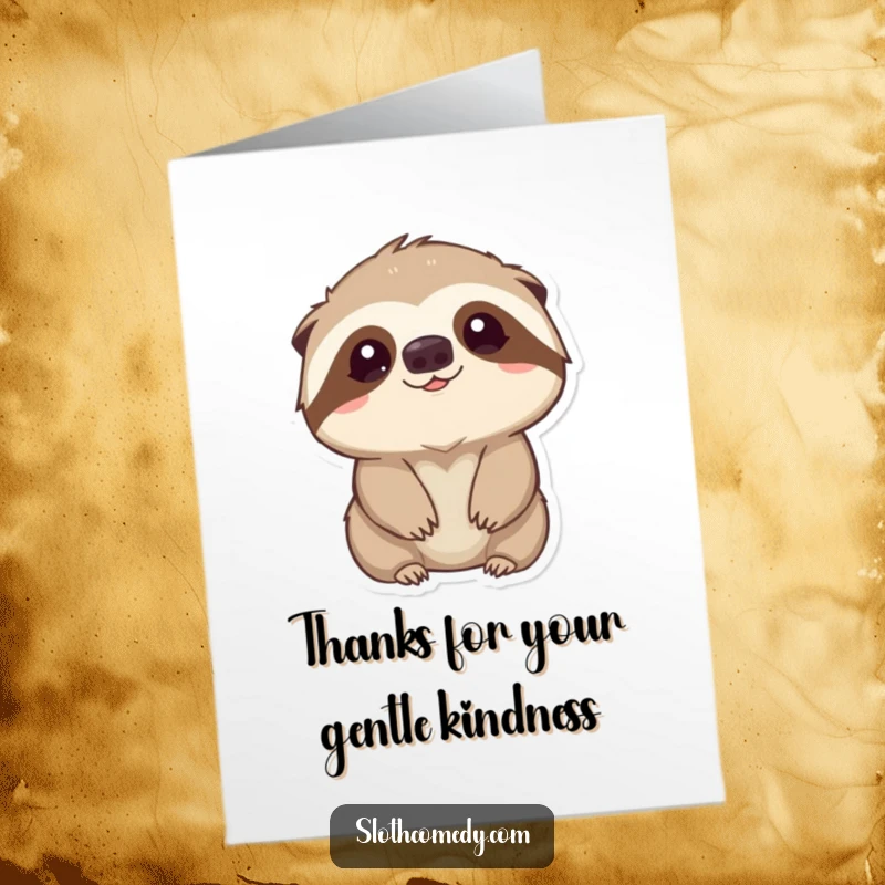 Funny free printable thank you card: a kawaii sloth looking upwards with eyes expressing sweet, gentle curiosity.