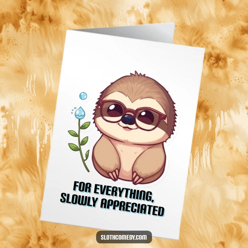 Funny free printable thank you card showing a sloth with spectacles observing a dewdrop, perfect for a thoughtful 'thanks'.