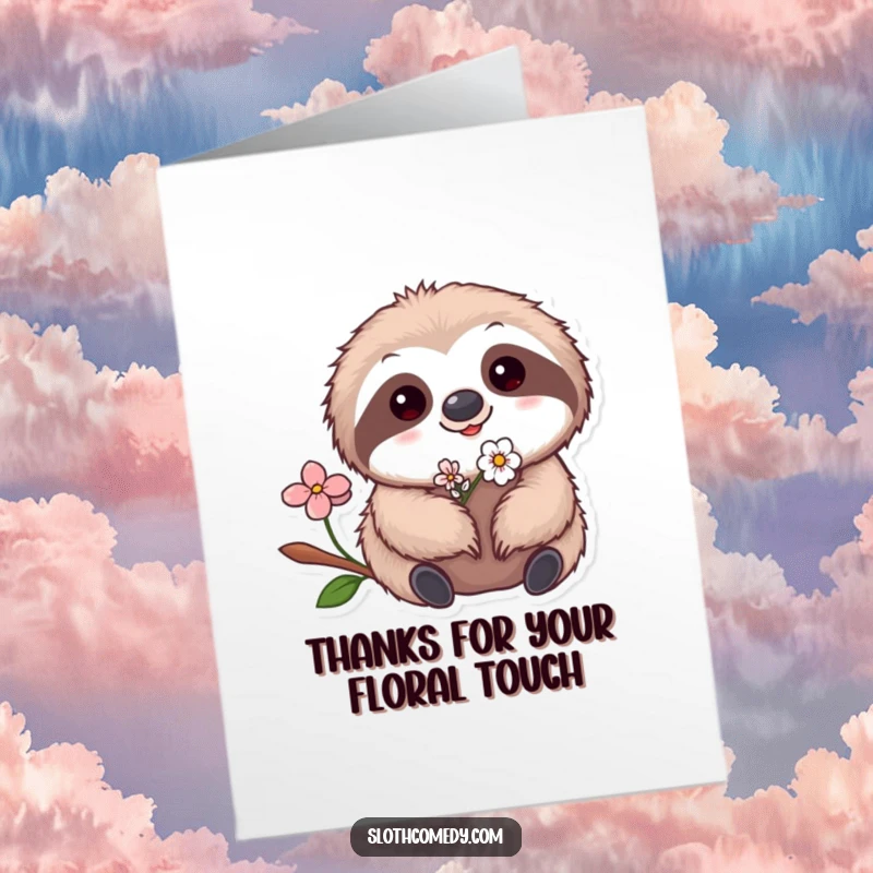 Funny Free Printable Thank You Card: A kawaii sloth with a tiny flower complimenting its fur, offering sweet thanks.