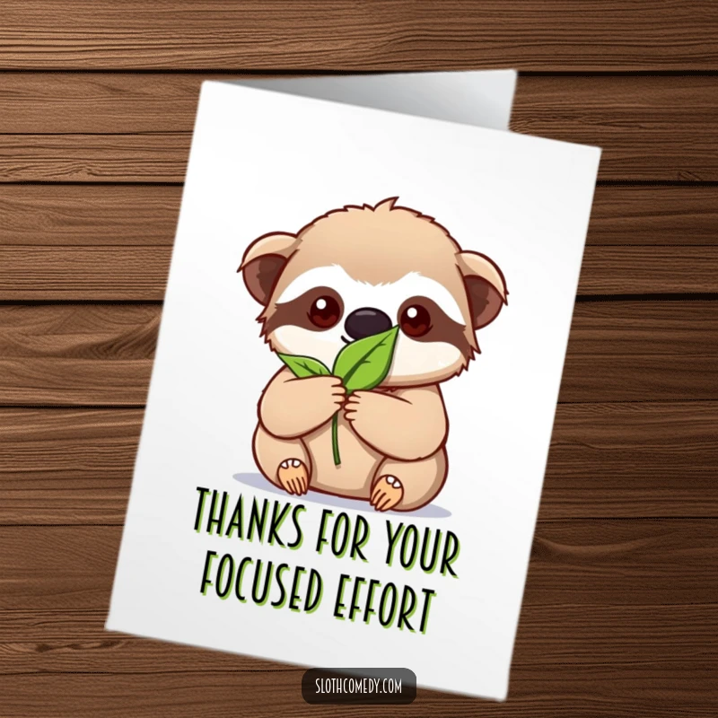 Funny Free Printable Thank You Card: Kawaii sloth intensely focused on a single leaf expresses thanks.