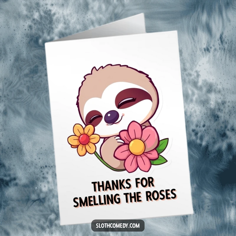 Funny Free Printable Thank You Card: Sloth with a sleepy wink, slowly blinking at a colorful flower, a gesture of thanks.