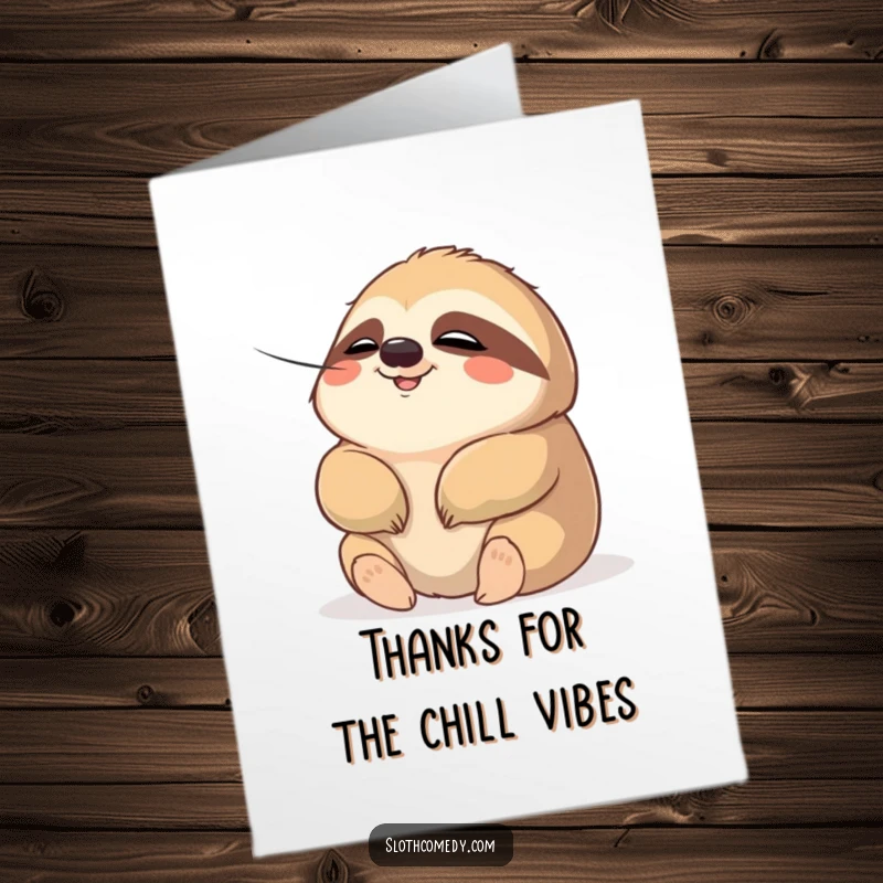 Funny Free Printable Thank You Card: Chubby sloth with a relaxed expression, soaking in a gentle breeze as a thank you.
