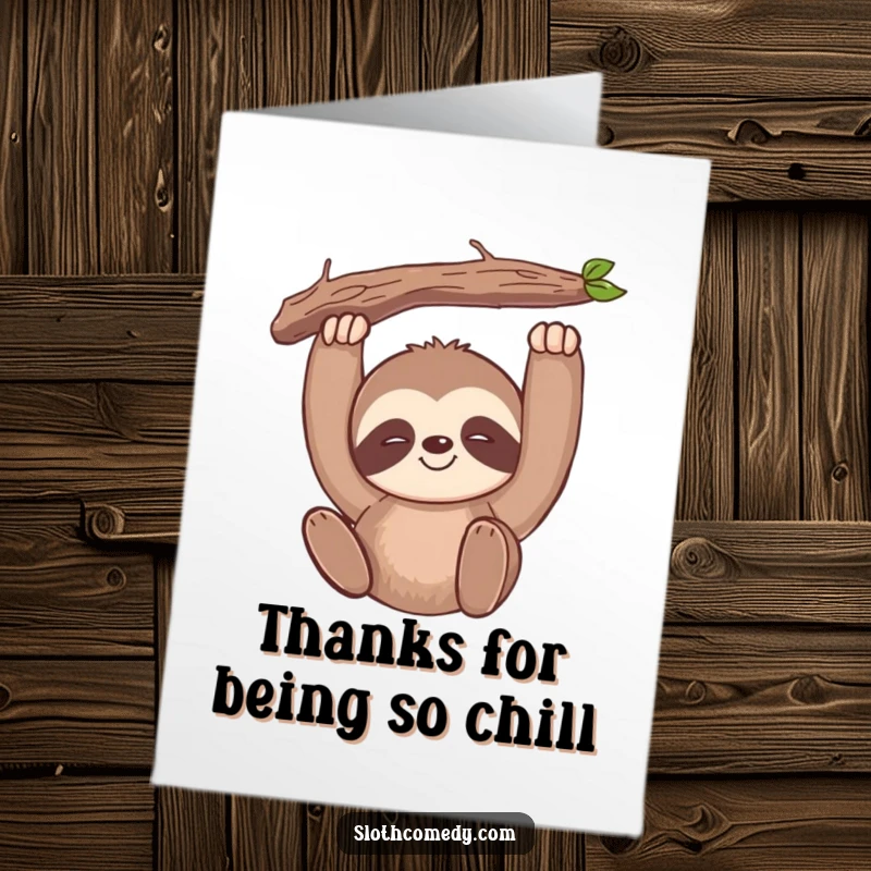 Funny Free Printable Thank You Card: Kawaii sloth with a slow, grateful smile hangs from a branch.