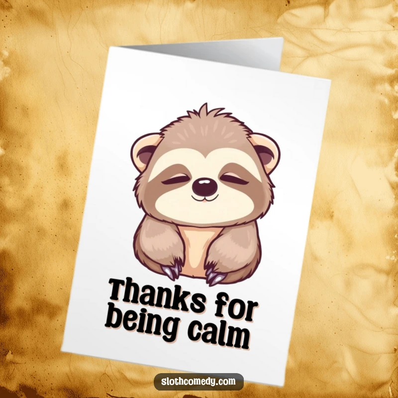 Funny Free Printable Thank You Card of a kawaii sloth blinking peacefully with wide, serene eyes, showing calm gratitude.