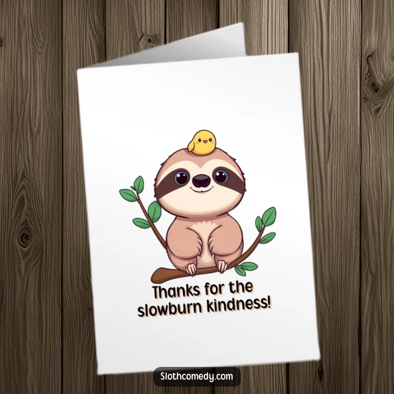 Funny Free Printable Thank You Card: A sloth peacefully carrying a tiny, cheerful bird on its head, embodying gentle gratitude.