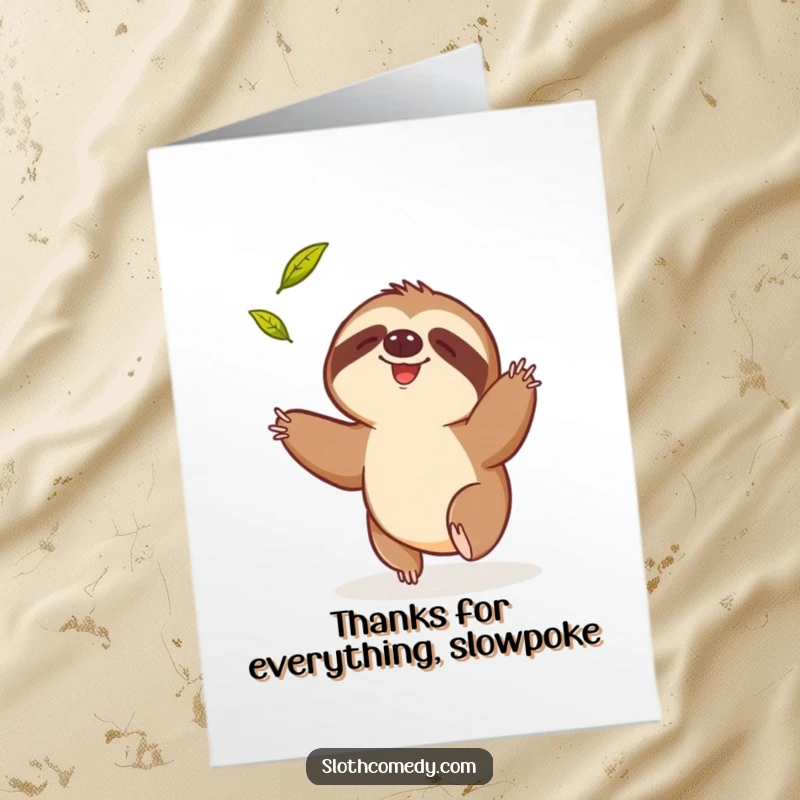 Funny Free Printable Thank You Card: A sloth comically reaching for a single falling leaf, showing thanks.