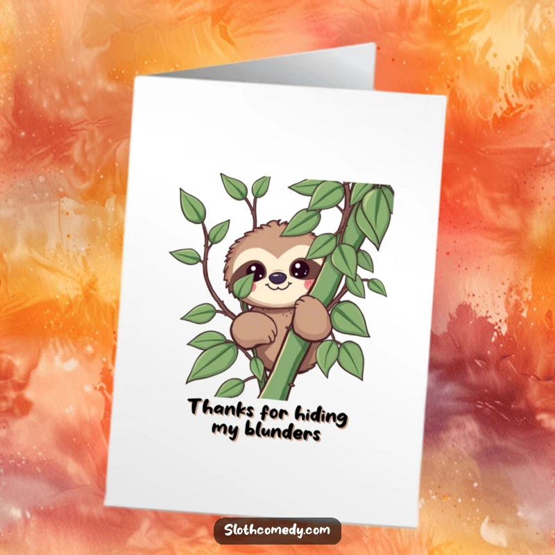 Funny Free Printable Thank You Card: Kawaii sloth peeking with curiosity, a sweet and playful thank you.