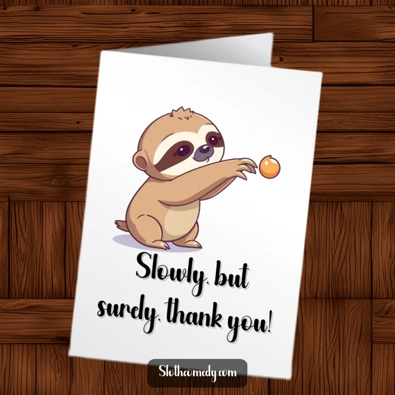 Funny Free Printable Thank You Card with a sloth slowly reaching for something, a humorous downloadable gift to show gratitude.