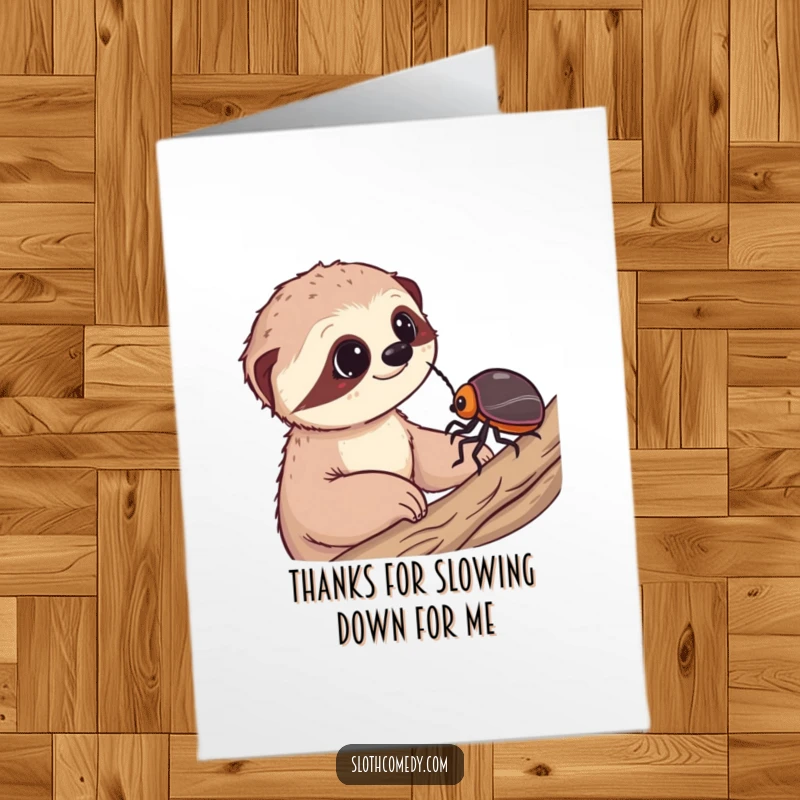 Funny Free Printable Thank You Card: Sloth filled with wonder, appreciating a slow-moving beetle, perfect for expressing gratitude.