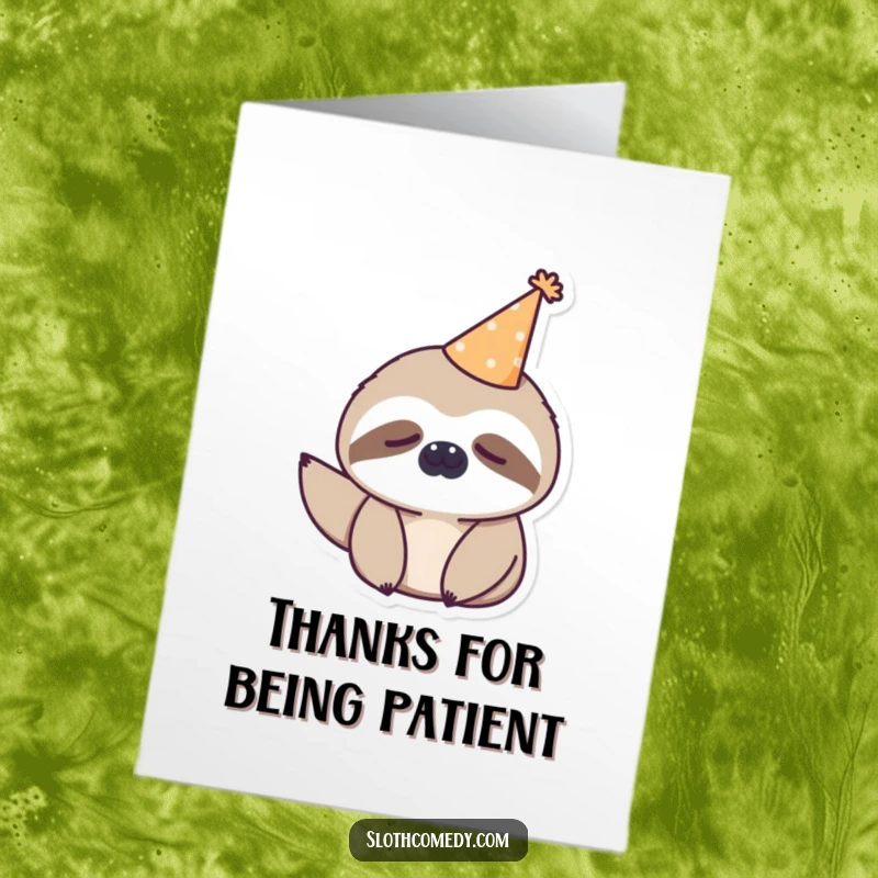 Funny Free Printable Thank You Card: Sleepy Kawaii Sloth in a tiny party hat, offering a very low-energy thank you, a unique downloadable.