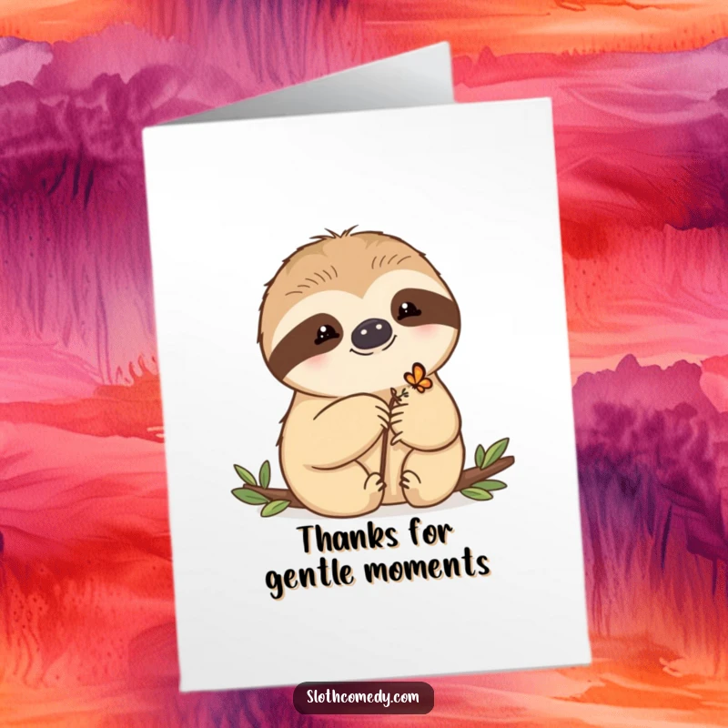 Funny Free Printable Thank You Card of a kawaii sloth with a butterfly on its paw, showing gentle and appreciative friendship.
