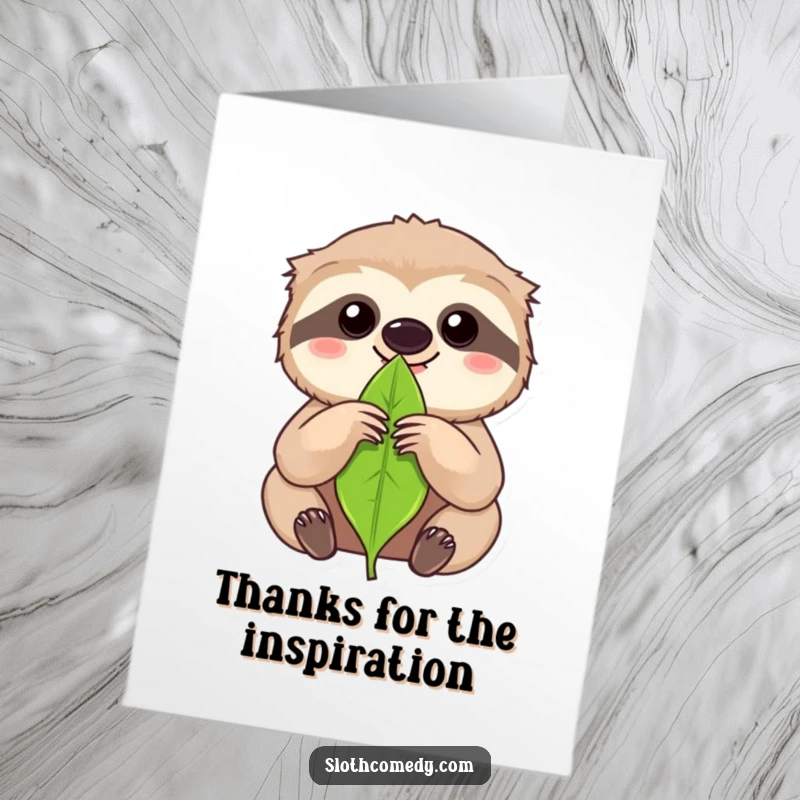 Funny Free Printable Thank You Card: Kawaii sloth intensely eyeing a single leaf, perfect for thanking someone for their dedicated support, downloadable.