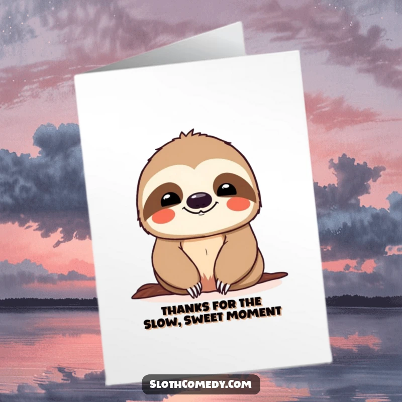Funny Free Printable Thank You Card with a smiling sloth enjoying a slow descent, a humorous downloadable gift expressing thanks.