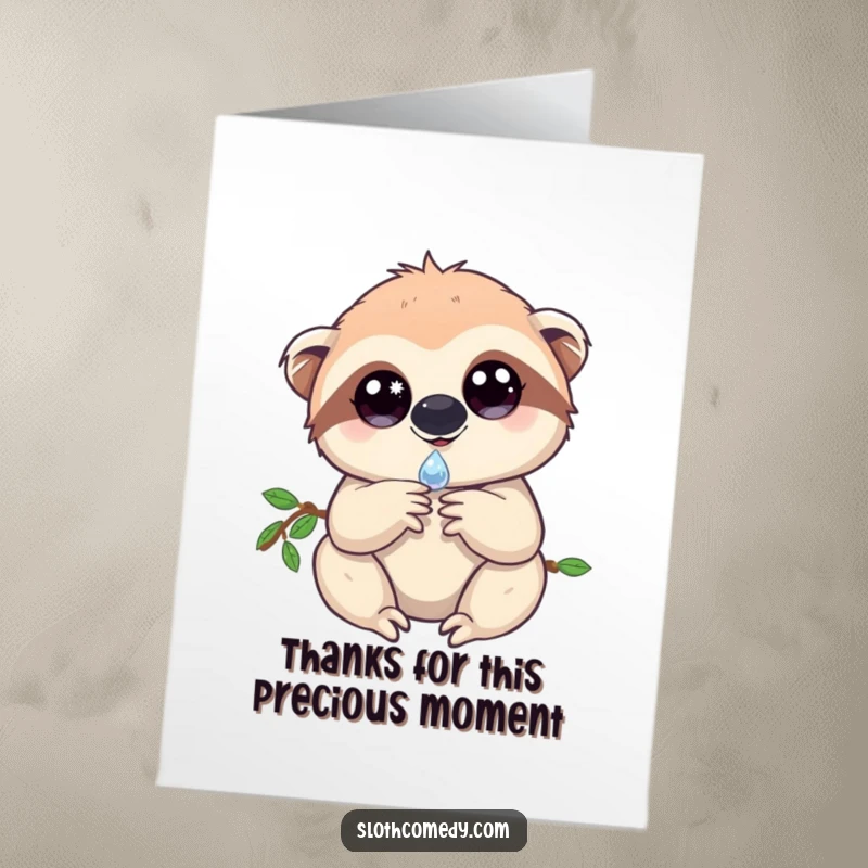 Cute Free Printable Thank You Card: A sloth with bright, sparkling eyes holds a single dewdrop, offering a moment of pure appreciation.