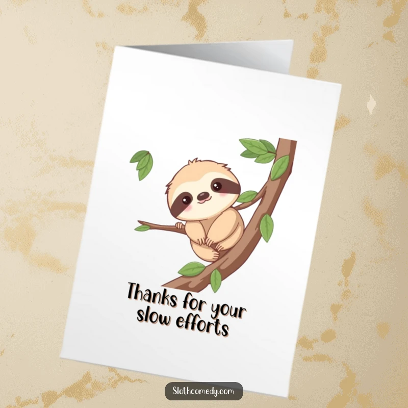 Funny Free Printable Thank You Card: Cute sloth with a gentle smile, slowly inching along a branch, a metaphor for appreciation.