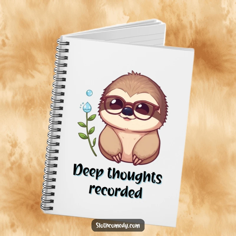 Funny notebook with a sloth wearing spectacles, gazing at a dewdrop, inspiring thoughtful writing.