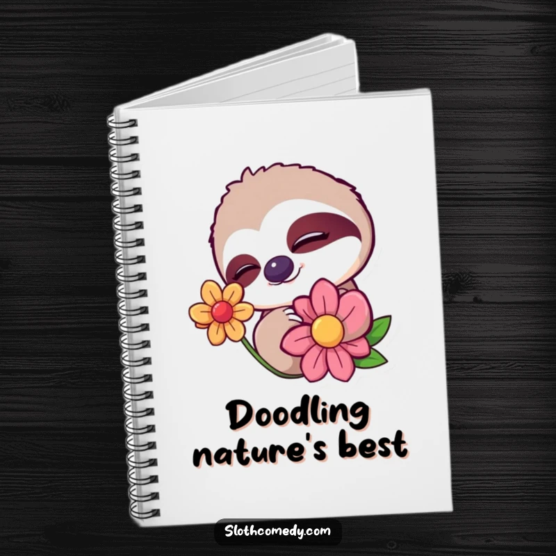 Funny notebook featuring a sloth character giving a sleepy wink while slowly blinking at a colorful flower, designed for capturing gentle thoughts. A humorous journal.