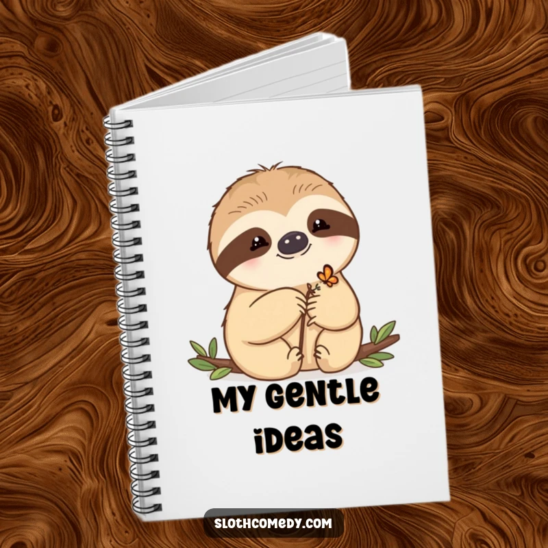 Funny Notebook with a kawaii sloth letting a tiny butterfly rest on its paw, ideal for journaling and capturing sweet thoughts.