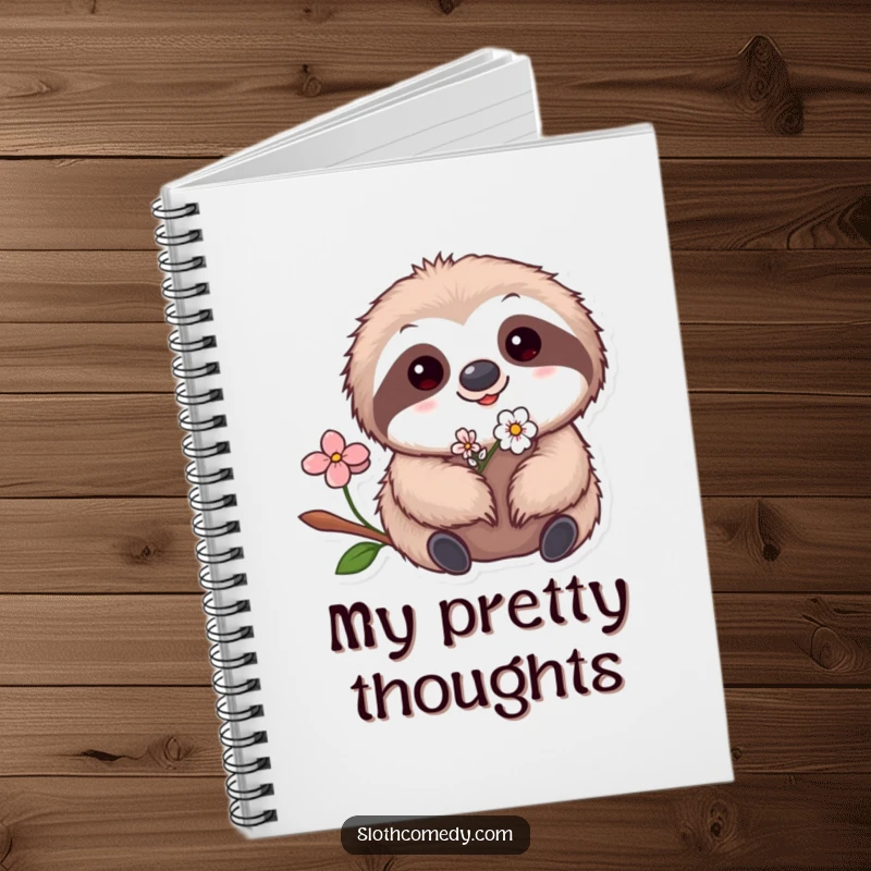 Funny Kawaii Sloth Flower Notebook with a cute sloth and a tiny flower, perfect for journaling and humorous note-taking.